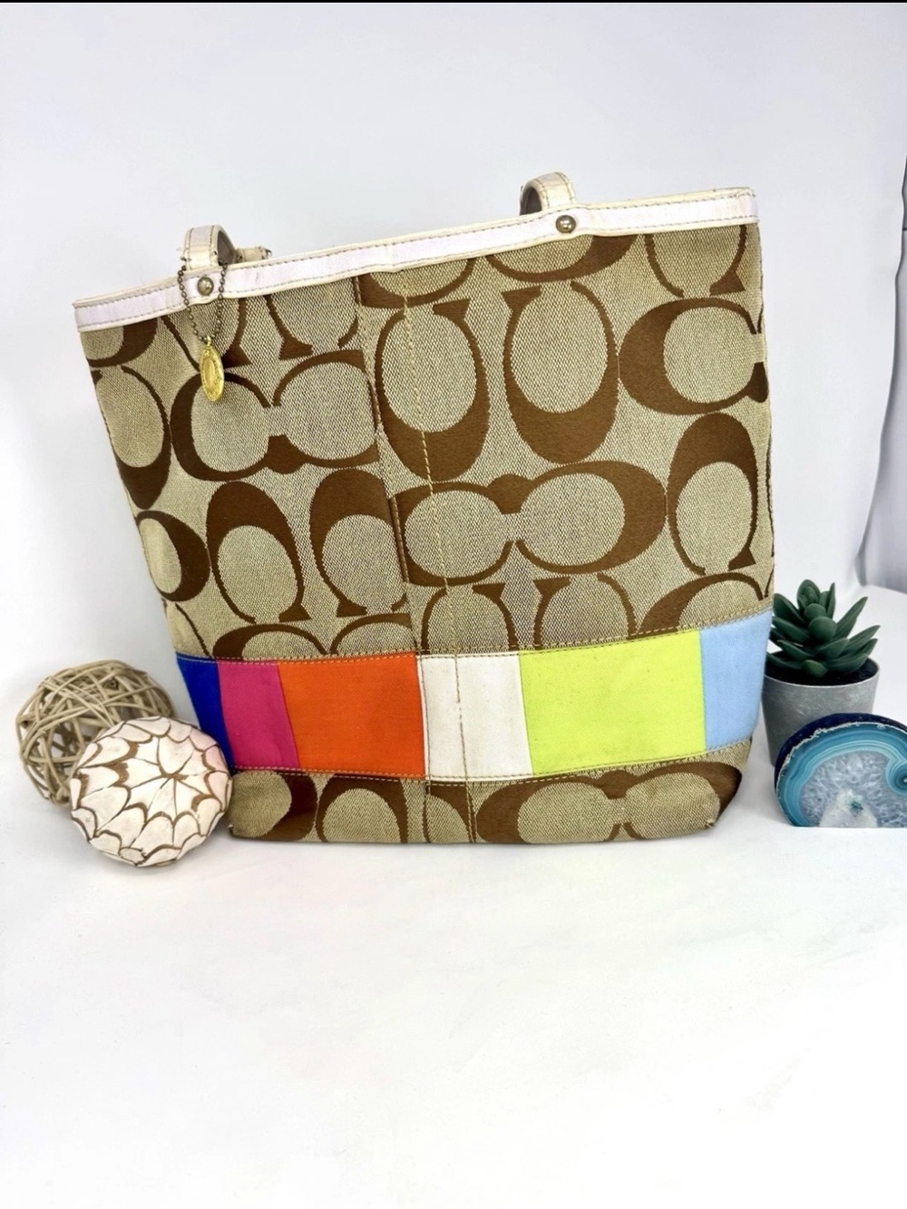 Vintage Y2K Coach Signature Multicolor Stripe Tote Bag Canvas Leather 10859